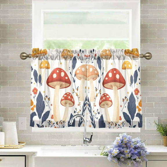 Yayeee Kitchen Curtains Tier Pair Light Filtering 27"x24" Rod Pocket Short Cafe Window Panel, Tall Mushroom
