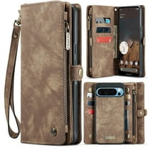 Allytech Magnetic Detachable Wallet Case for Google Pixel 9 Pro XL with Card Slots & Zipper Pocket, Support Wireless Charging, PU Leather Wrist Strap Shockproof Full Protection Flip Case, Darkbrown