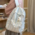 thumbnail image 6 of Striped Bow School Backpack, Chic Backpack with Drawstring Side Pocket, Nylon Waterproof Bookbag for College Shopping Travel (Blue), 6 of 10