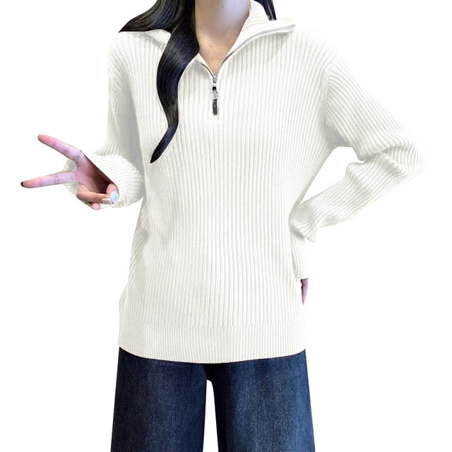Suéter de cuello alto para mujer, holgado, con media cremallera, cuello alto, manga larga, tejido, abrigo