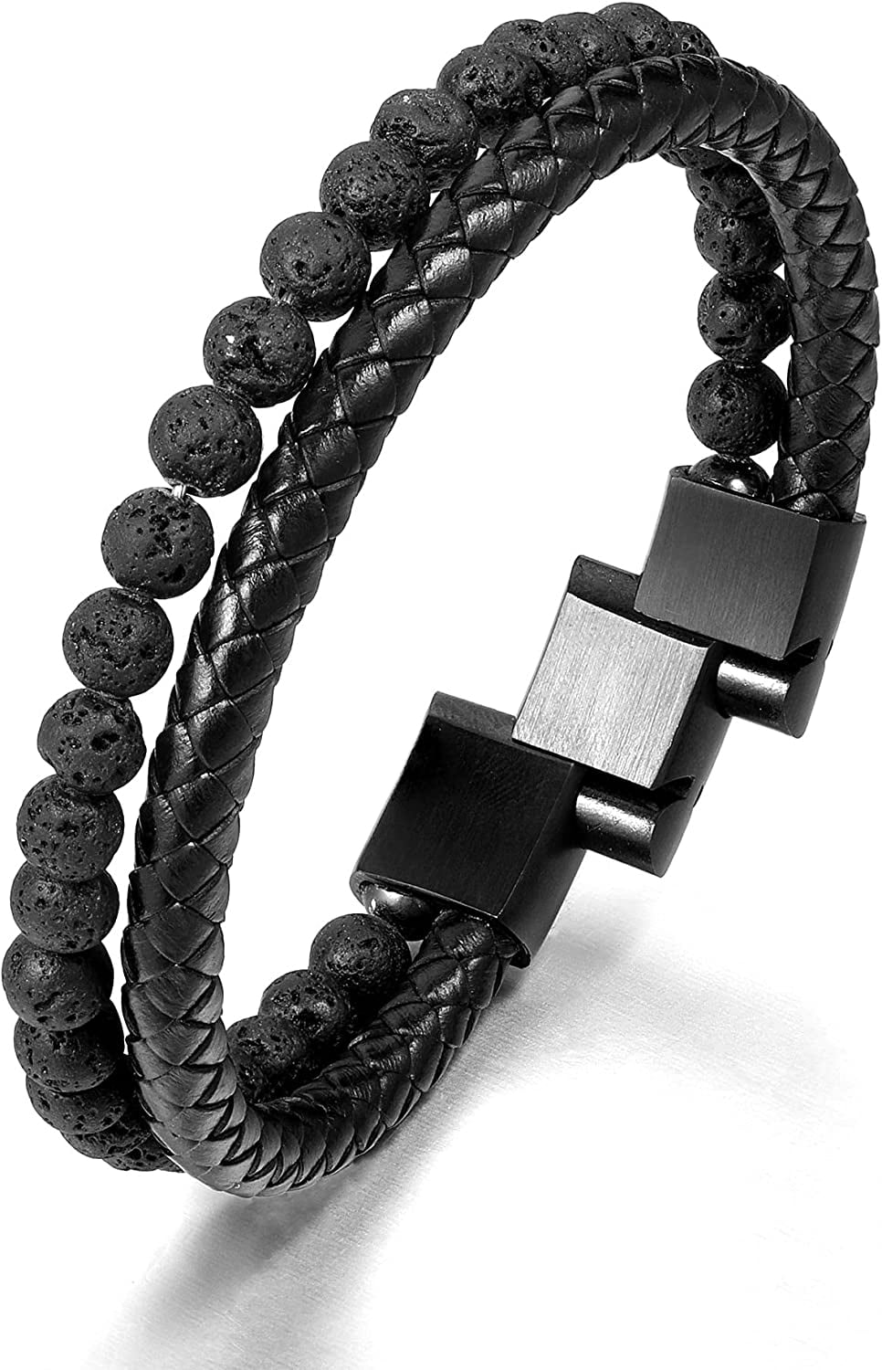 Men's Layered Leather Beads Bracelet - Braided Leather With Tiger Eye & Lava Stone, Magnetic Clasp