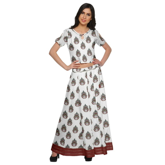 Moomaya Two Piece Maxi Skirt And Crop Top Printed Cotton Ethnic Set For Girls