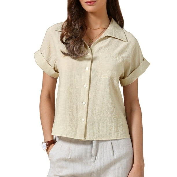 Camisa de botón INSPIRE CHIC para mujer, blusa de verano de manga corta, color caqui, talla XL, para trabajo casual