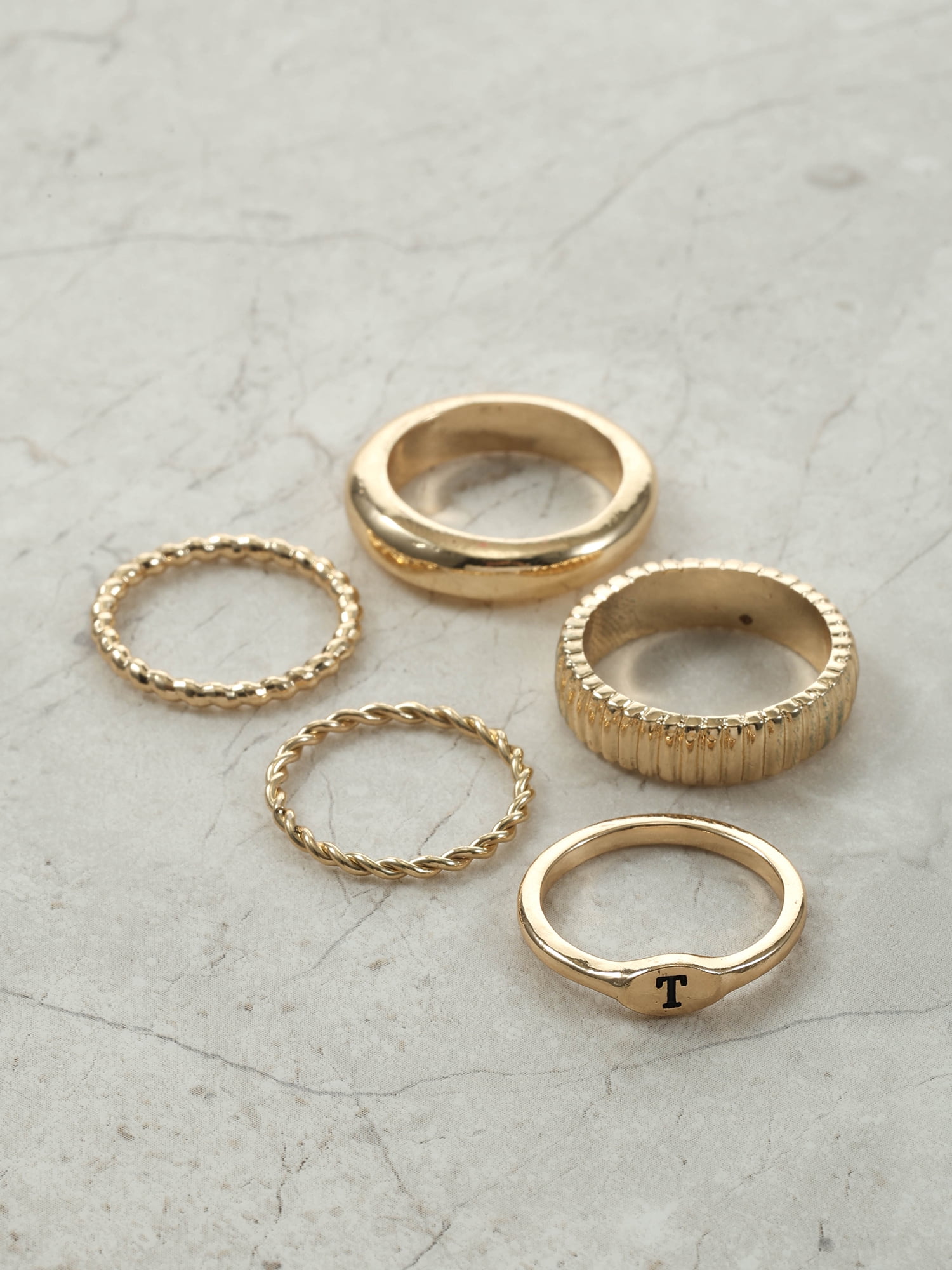 Time and Tru Goldtone Initial Letter Ring Set, 5 Piece, Size 7, Letter T