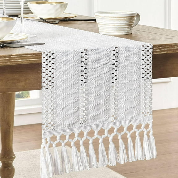 ERDOUY 30*90cm White 1 Piece Cotton-Linen Tasseled Table Runner, Hollow-Out Decorative Long Runner for Dining Room, Home & Festival Use