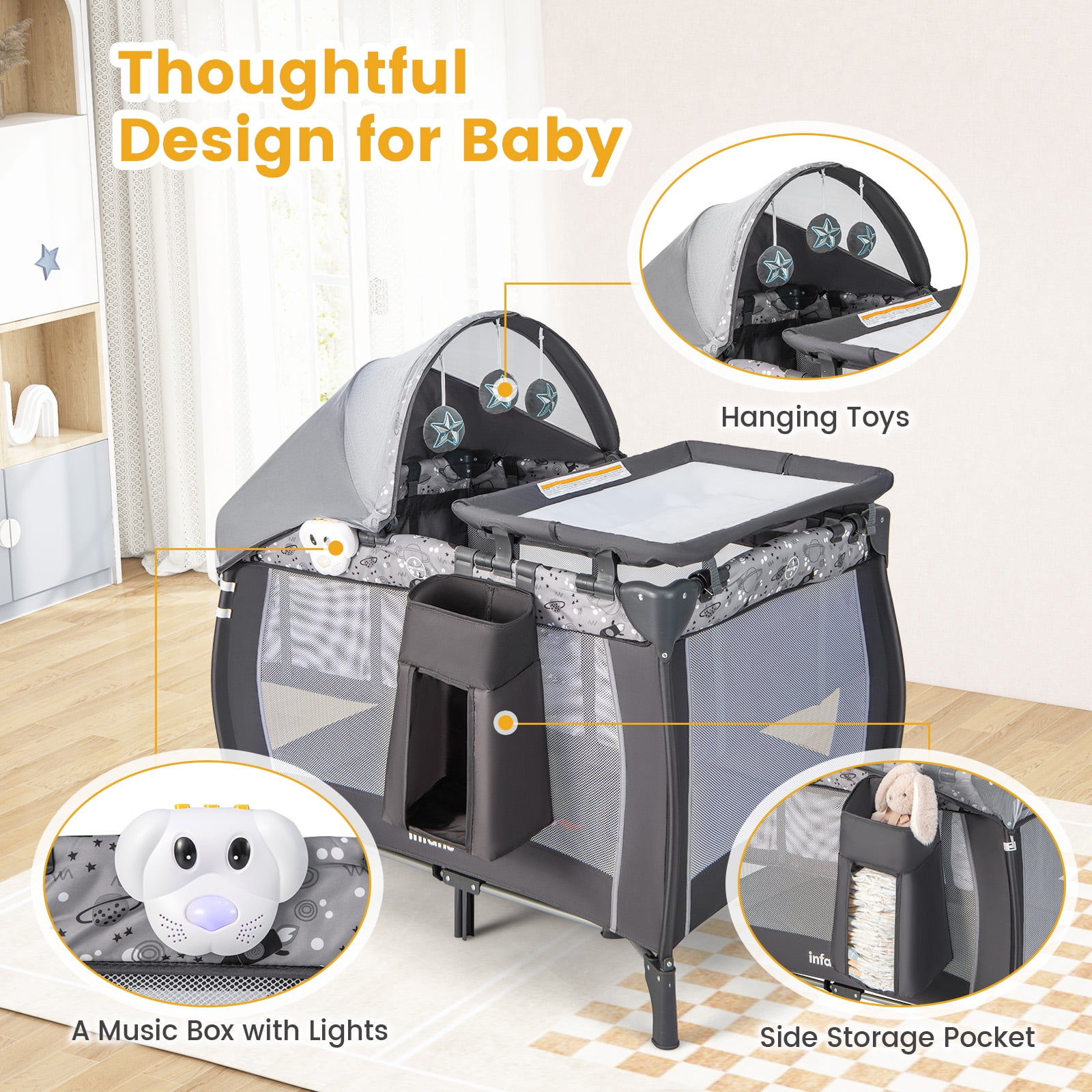 INFANS 4 in 1 Pack and Play, Portable Travel Baby Playard with Bassinet, Changing Table, Canopy, Mosquito Net, Hanging Toys, Music Box, Storage Bag, Large Playpen from Newborn to Toddlers