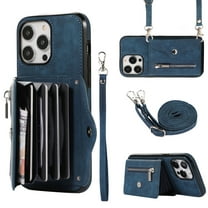 Dteck Crossbody Wallet Case for iPhone 12 / iPhone 12 Pro, RFID Blocking PU Leather Zipper Handbag Purse Flip Cover, Kickstand Folio Case with Card Slots Wrist Strap Lanyard 6.1 Inch,Blue