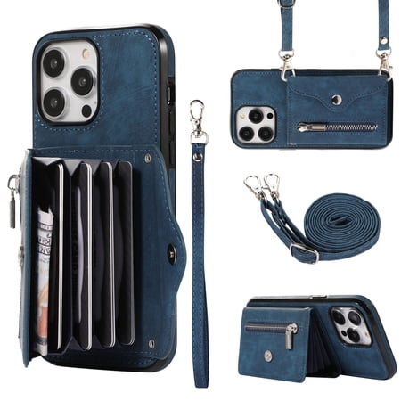Dteck Crossbody Wallet Case for iPhone 12 Pro Max, RFID Blocking PU Leather Zipper Handbag Purse Flip Cover, Kickstand Folio Case with Card Slots Wrist Strap Lanyard,Blue