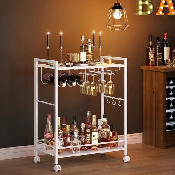 Bar Cart,2-Tier Home Bar Serving Cart with Lockable Wheels,White | Microwave Cart,Mobile Kitchen Shelf,Rolling Beverage Cart with Wine Rack and Glass Holder for Kitchen,Dinning Room