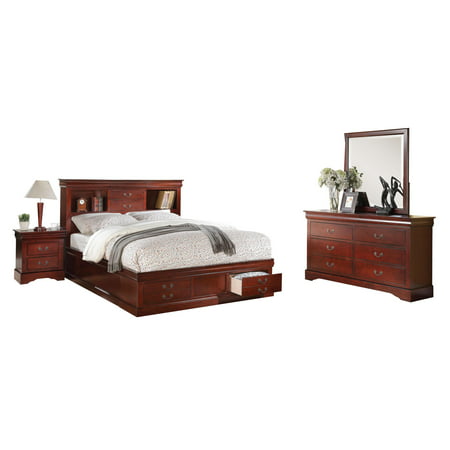 Acme Furniture Cherry Louis Philippe III 4-Piece Storage Bedroom Set Queen - 0