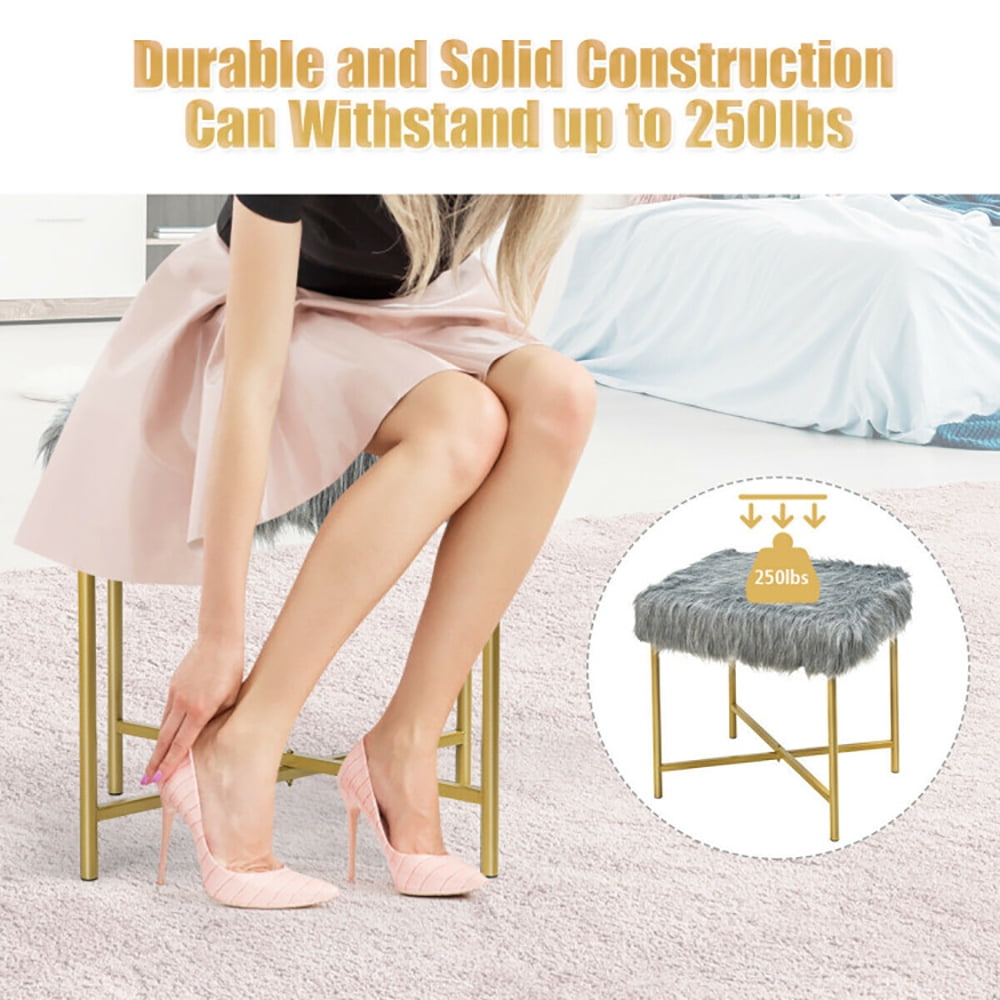 Finihen Faux Fur Vanity Stool Chair, Footstool Ottoman with Metal Legs, Fluffy Chair with Furry Padded Seat, Makeup Stool, Decorative Furniture Footrest, for Living Room, Bedroom, Gray