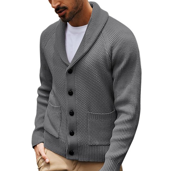 Yokua Men's Shawl Collar Cardigan Knitted Textured Sweater Button-Up Cardigan