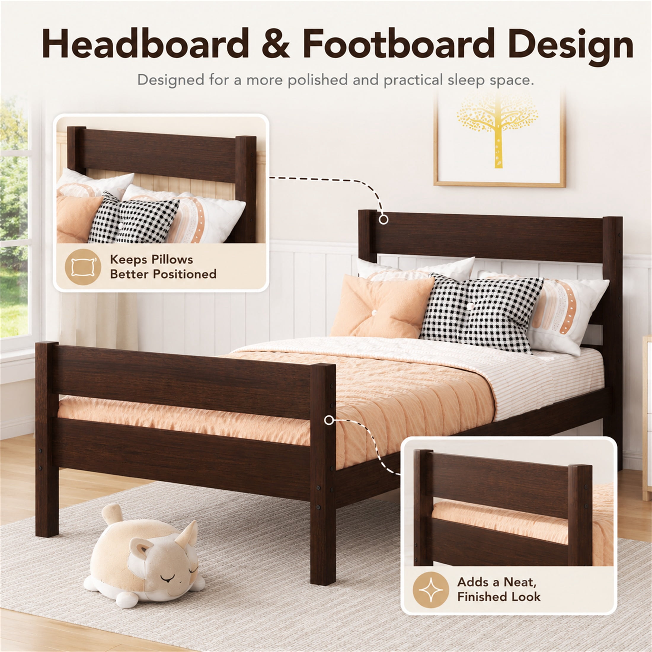 SESSLIFE Twin Bed Frame, Solid Wood Twin Platform Bed Frame with Headboard & Footboard, No Box Spring Needed with 250LBS, Easy Assembly, Espresso