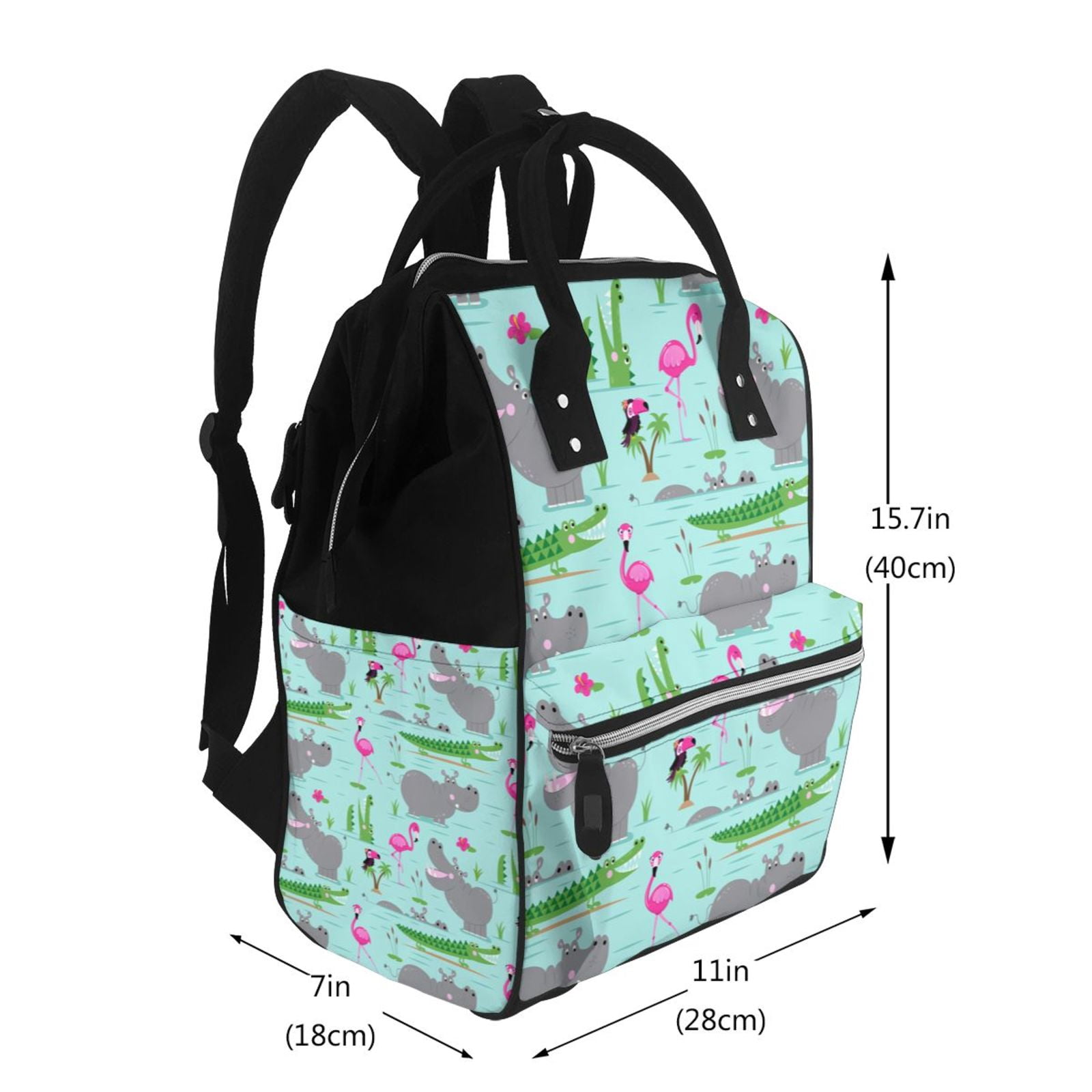 Ratiio Hippo With Flamingos And Crocodiles Mummy Backpack - Waterproof Twill Canvas, Large Capacity Diaper Bag with Multiple Pockets and Adjustable Straps