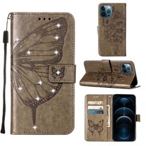 Dteck For iPhone 13 6.1 inch Wallet Case,Diamond Embossed Butterfly PU Leather Full Body Protection Flip Folio Credit Card Slots Holder Kickstand Shockproof TPU Cover.For iPhone 13,Gray