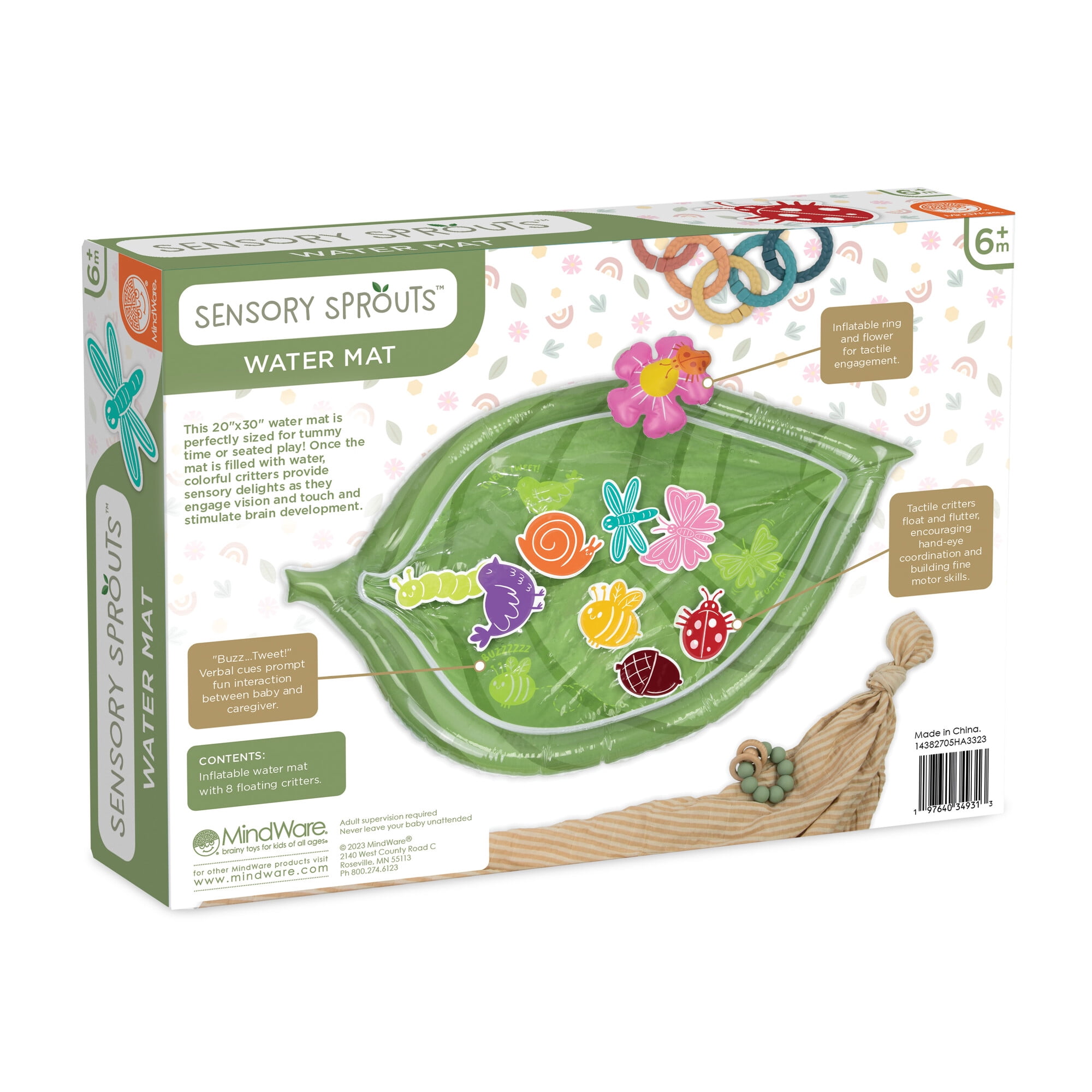 MindWare Sensory Sprouts Inflatable Baby Water Mat for Tummy Time, Bugs and Creatures Theme