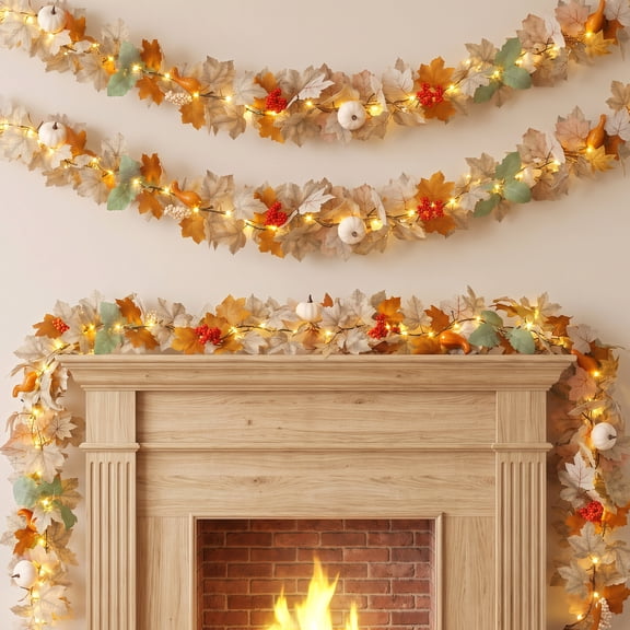Scidweet Fall Maple Leaves Garlands, 9 FT 40 LED String Lights Fall Decorations for Home Party Thanksgiving Table Porch Autumn Garlands Decor
