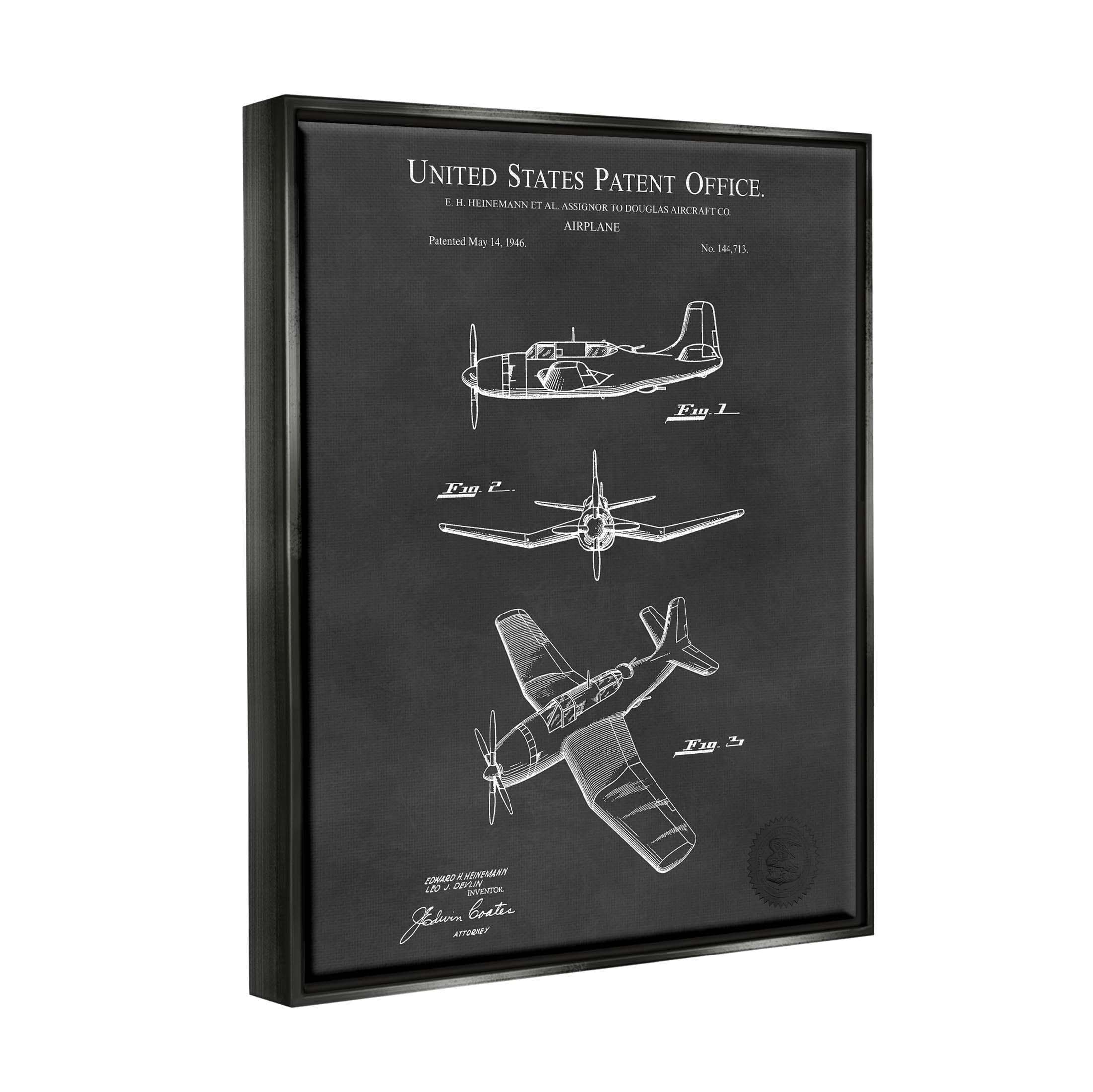 Stupell Industries Intricate Airplane Blueprint Chart Graphic Art Jet Black Floating Framed Canvas Print Wall Art, Design by Karl Hronek