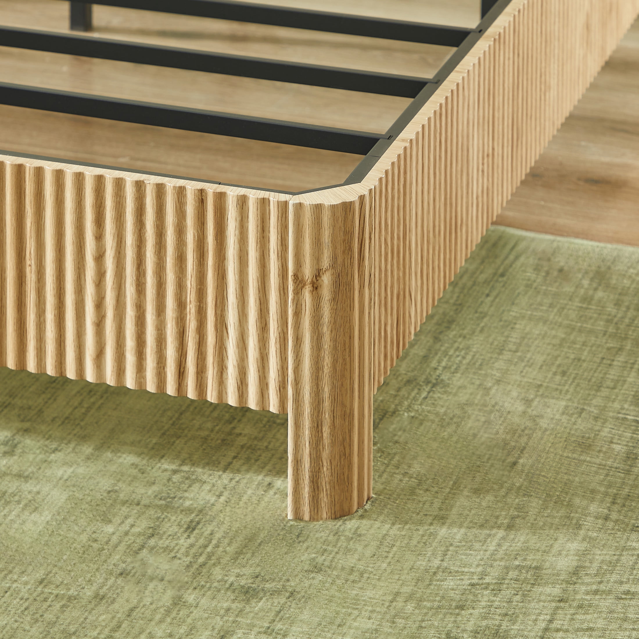 Noble House Solley Full Platform Bed, Rustic Curved Wooden with Corrugated Accents, Heavy-Duty Frame, Oak