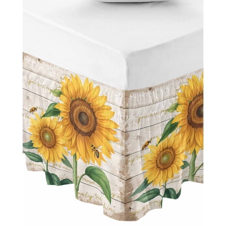 Sunflower Bed Skirt King Size 16 Inch Drop, Wrap Around Bed Skirts, Yellow Summer Flowers Bee Botanical Wooden Elastic Bedskirt Pleated Bed Frame Cover Luxurious Dust Ruffle for King Bed