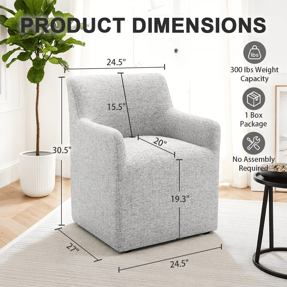 Aenkyo Upholstered Dining Arm Chair with Casters, Barrel Back Rolling Accent Chair, Feather Gray