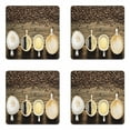 thumbnail image 1 of Coffee Coaster Set of 4, Assortment of Coffee Cups with Beans on Wooden Table Americano Cappuccino Mug, Square Hardboard Gloss Coasters, Standard Size, Brown White, by Ambesonne, 1 of 2