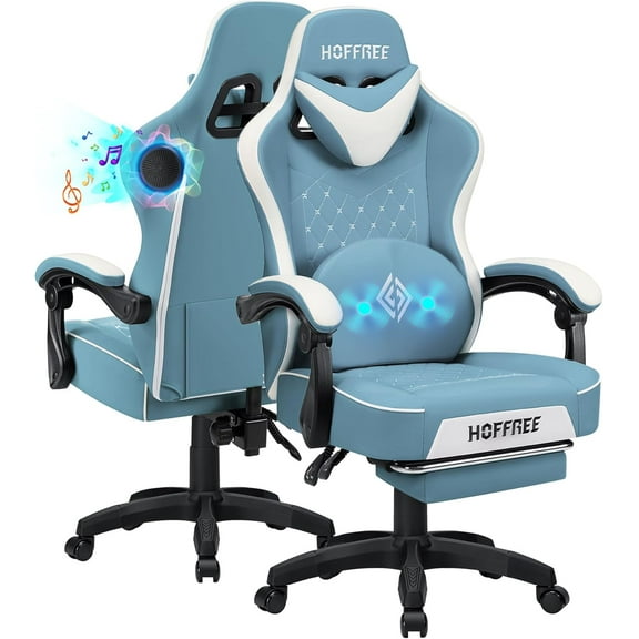 HOFFREE Gaming Chair Computer Chair with Speakers Massage Game Chairs with Footrest Bluetooth High Back Ergonomic Computer Gaming Chairs for Adults Reclining Video Gamer Chair Stone Blue and White