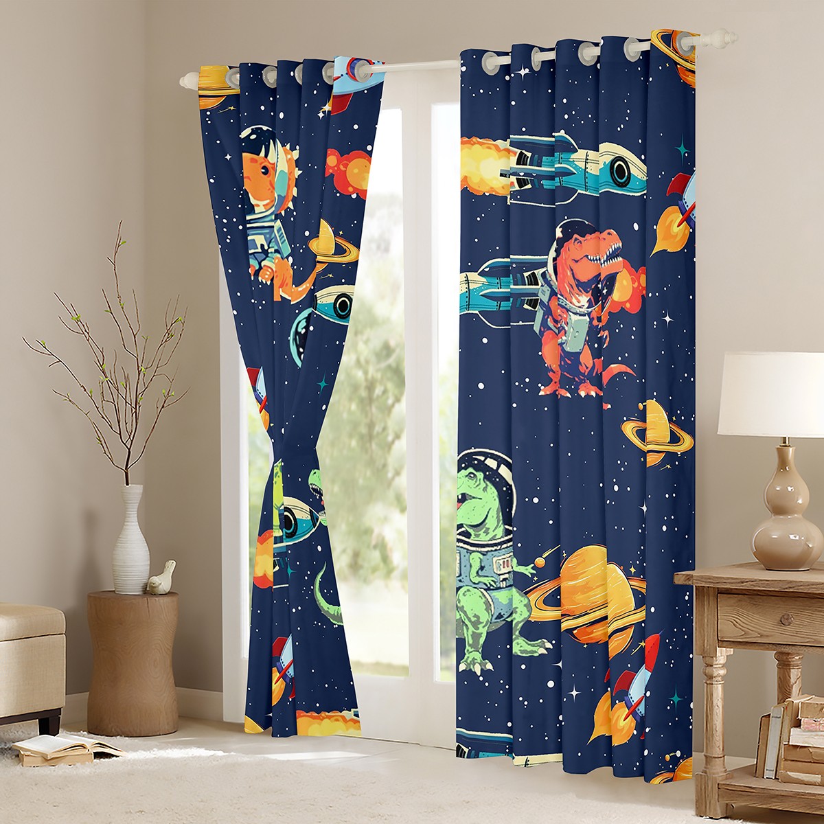 Feelyou Outer Space Dino Black Out Curtains for Teens, Dreamy Rocket Curtains Pack of 2 (42x63 Each), Cute Cartoon Navy Bedroom Curtains, Window Curtains Home Decor