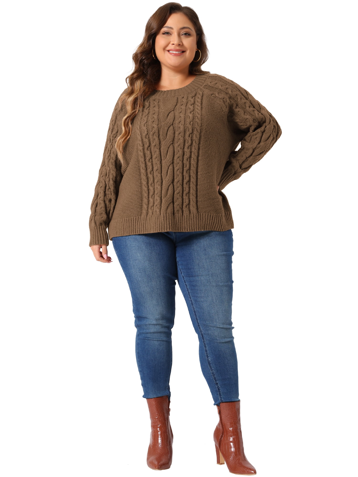 DARING DIVA Plus Size Long Sleeve Crewneck Fisherman Cable Pullover Sweater 4X Brown