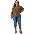 thumbnail image 3 of DARING DIVA Plus Size Long Sleeve Crewneck Fisherman Cable Pullover Sweater 1X Brown, 3 of 6