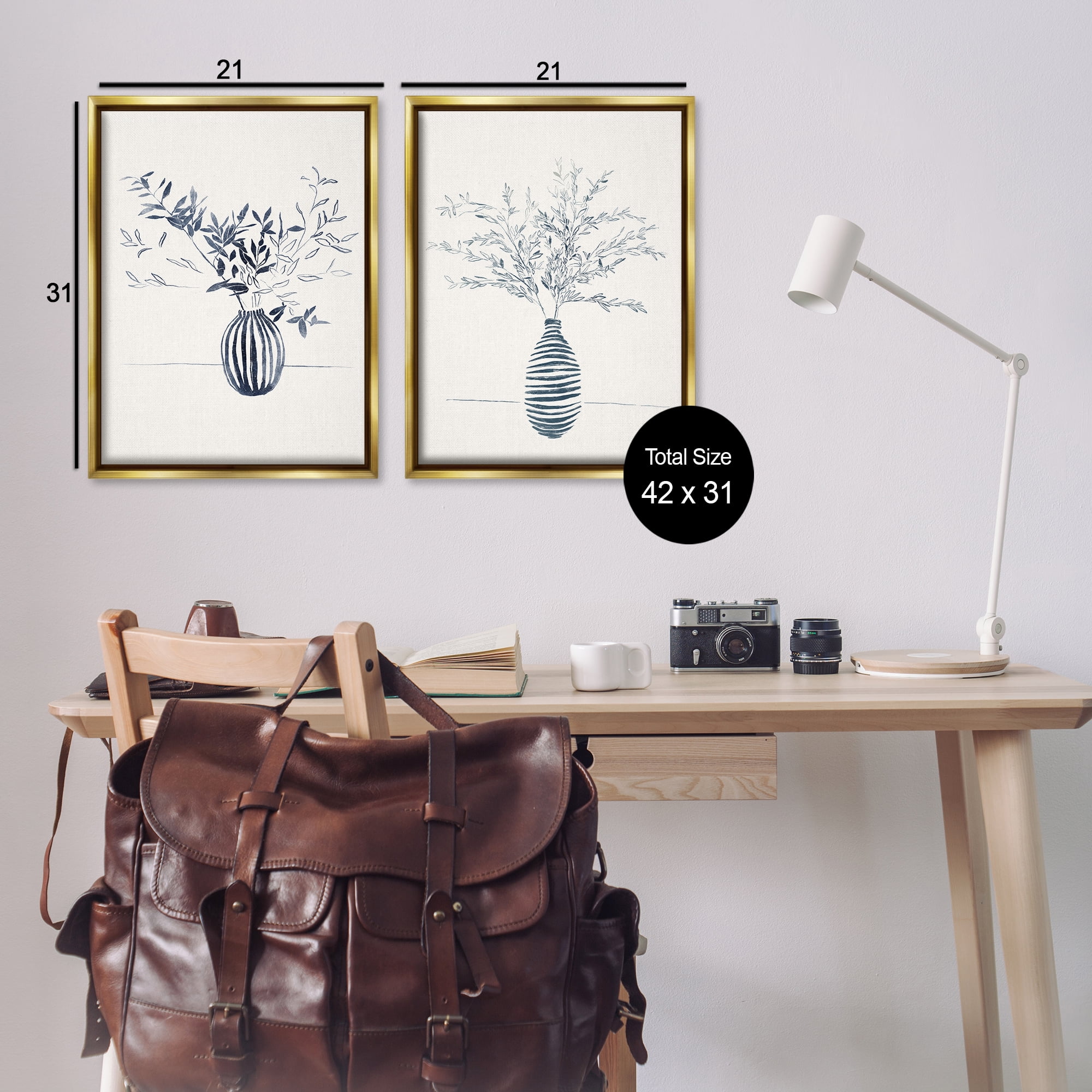 Stupell Industries Striped Floral Table Vase Plants & Flowers Drawing Gold Floater Framed Canvas Art Print Wall Art, 21 x 31, Set of 2