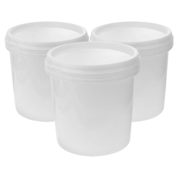 Juego de 3 cubos de plástico aptos para alimentos con tapa. Cubos pequeños y resistentes para limpieza, almacenamiento en la cocina, camping, lavado de coches y uso en exteriores. 1 litro.