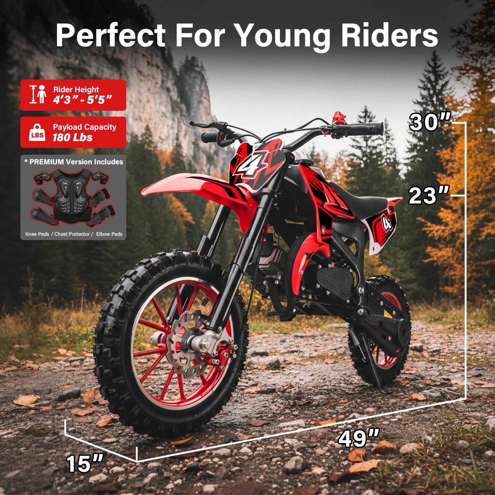 Kids Dirt Bike 49cc Gas Powered - 2-Stroke Off-Road Motorcycle for Ages 13+, 28 MPH Max Speed with Shock Absorber & Dual Disc Brakes，Kill Switch, Max Load 220LBS, with Armor, Black