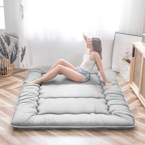MAXYOYO Japanese Floor Mattress Futon Mattress, Thicken Daybed Futon Sleeping Pad Foldable Roll Up Mattress Boys Girls Dormitory Mattress Pad Kids Floor Lounger Bed Couches and Sofas, Grey, Twin Size