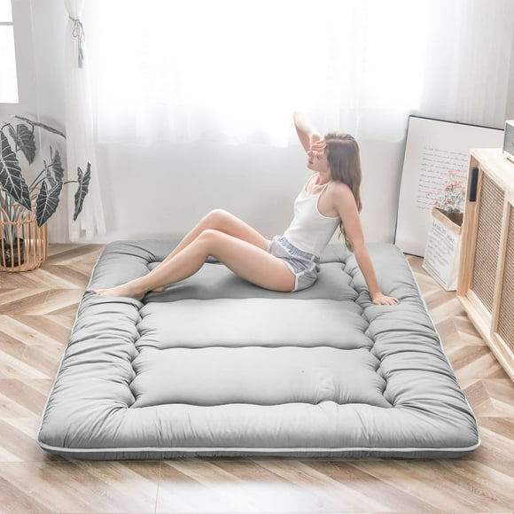 MAXYOYO Japanese Floor Mattress Futon Mattress, Thicken Daybed Futon Sleeping Pad Foldable Roll Up Mattress Boys Girls Dormitory Mattress Pad Kids Floor Lounger Bed Couches and Sofas, Grey, Twin Size