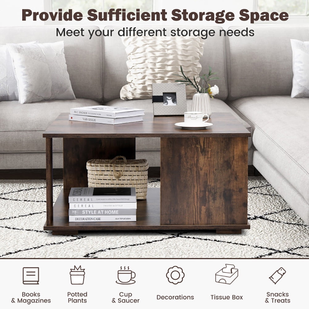 Finihen Square Coffee Table, 2 Tiers Square Coffee Table with Storage and Non-Slip Foot Pads, for Living Room, Reception Room, Rustic Brown