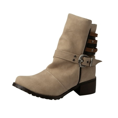 

Boots Deals 2022 Hvyes Women s Vintage Patchwork Leather Belt Buckle Round Toe Low Heel Zipper Ankle Boots