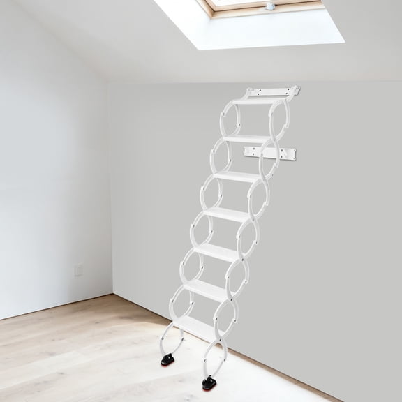 7 Step Wall Mounted Folding Loft Ladder, Telescoping Step Ladders White
