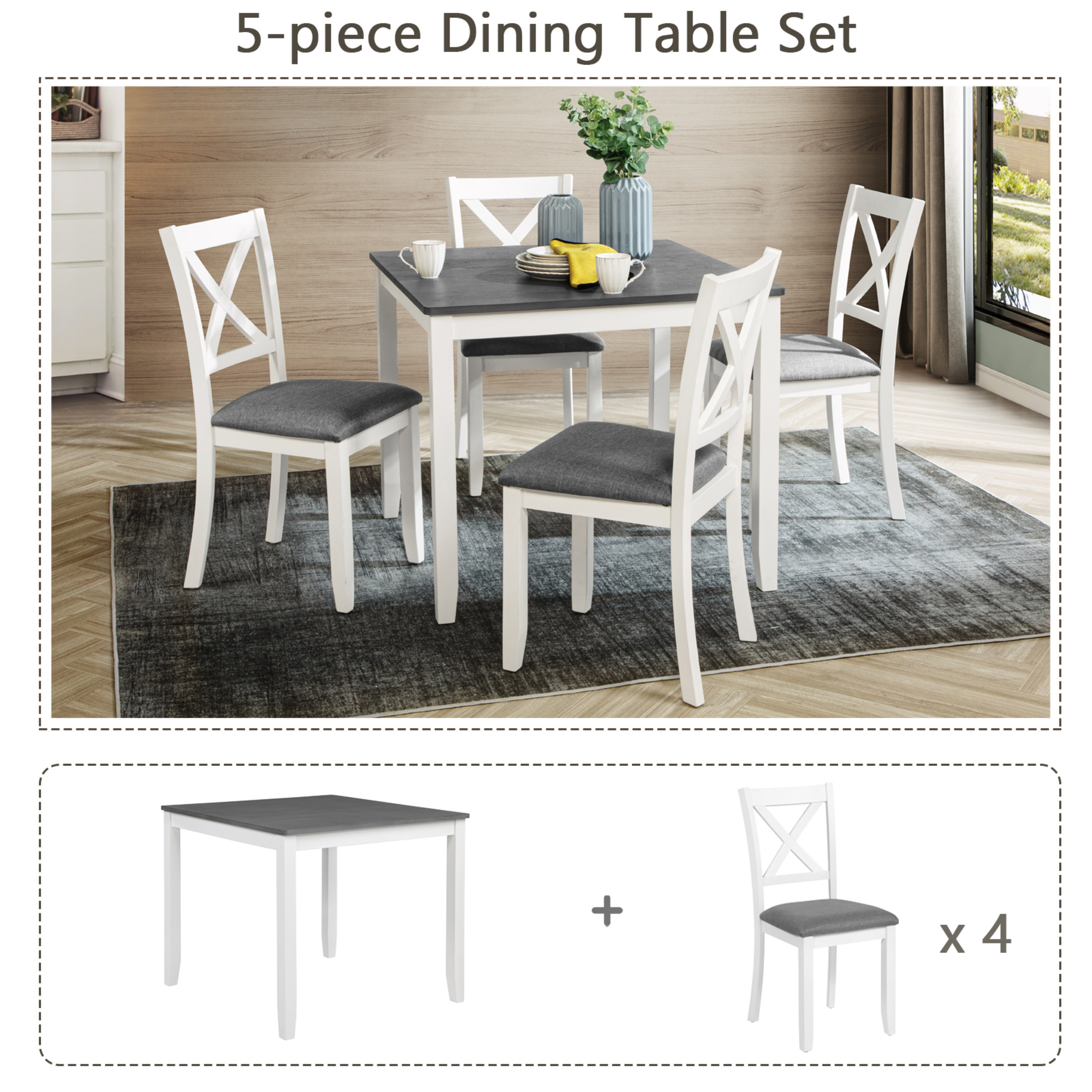 Noble House Modern Square Wooden Dining Table Set for 4 with X-Back Upholstered Chairs, Gray+White