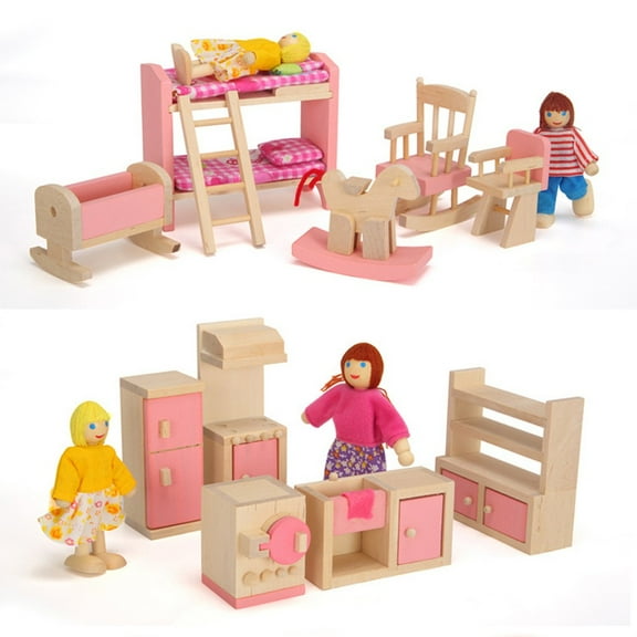 Sets of 8 People Wooden Dolls House Family Doll Toys, Lovely Happy Family Playset, DollHouse Accessories, Wooden DollHouse Dolls People Playset for Doll House
