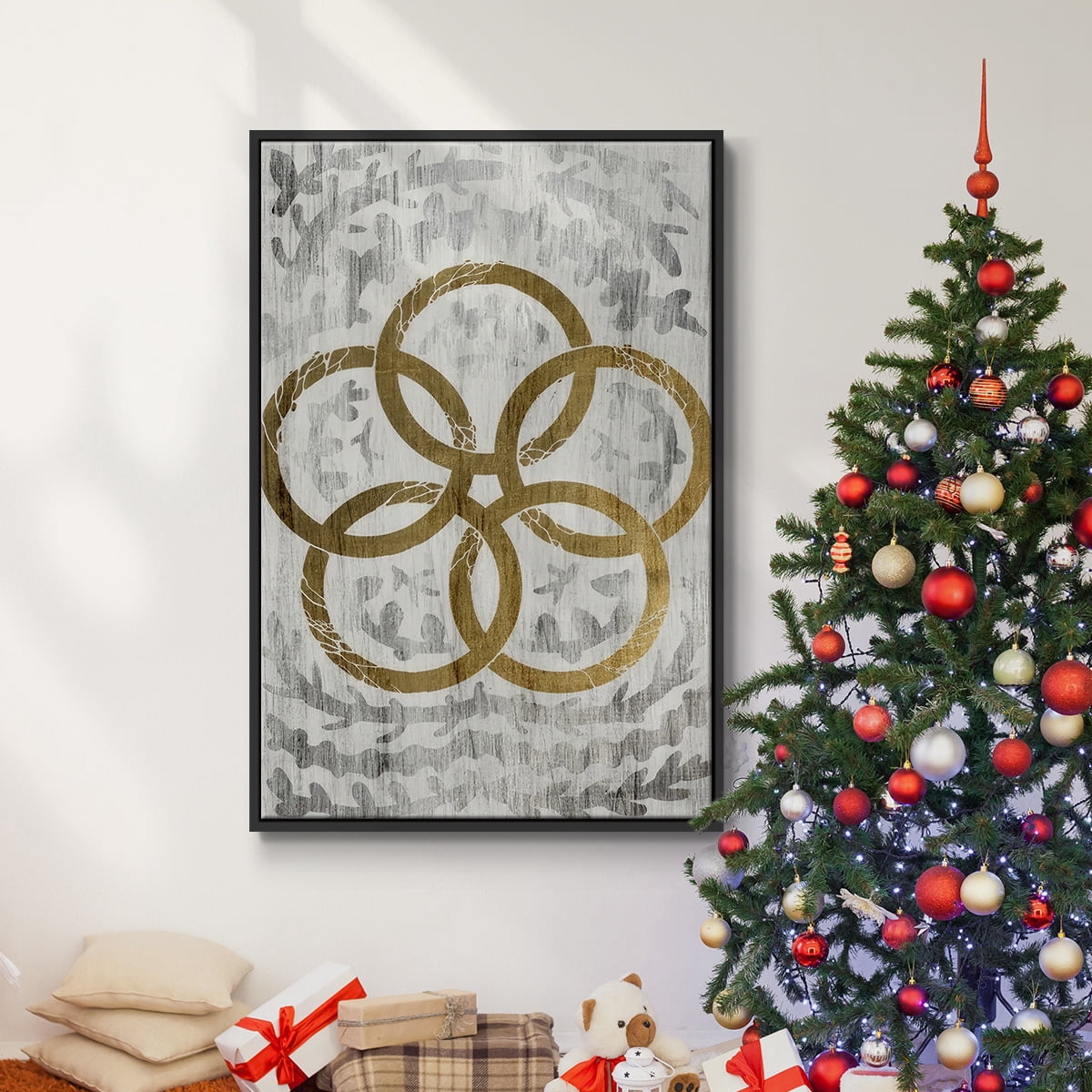 Five Golden Rings - Gold Leaf Holiday - Framed Gallery Wrapped Holiday Canvas - 27 x 41 - Black Frame