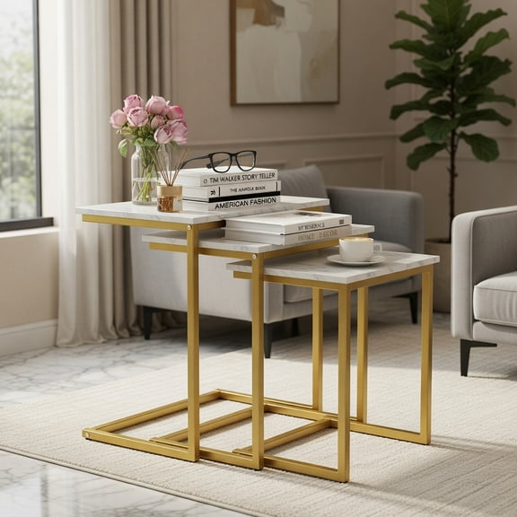 Spaco White 3 Pieces Multifunctional Coffee End Table Set, Stackable C-Shaped Side Tables with Sturdy MDF & Steel Frame for Small Space, Bedroom & Living Room