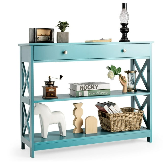 Giantex Table Console à 3 Niveaux, Table d'Entrée avec 2 Étagères de Rangement Ouvertes et Tiroir, Table d'Appoint Étroite, Table d'Appoint Multifonctionnelle, Turquoise