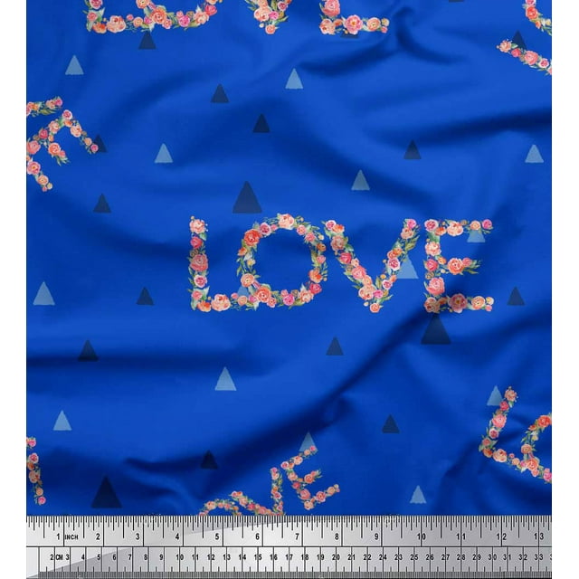 Soimoi Blue Moss Georgette Fabric Triangle & Floral Love Text Fabric Prints By Yard 42 Inch Wide