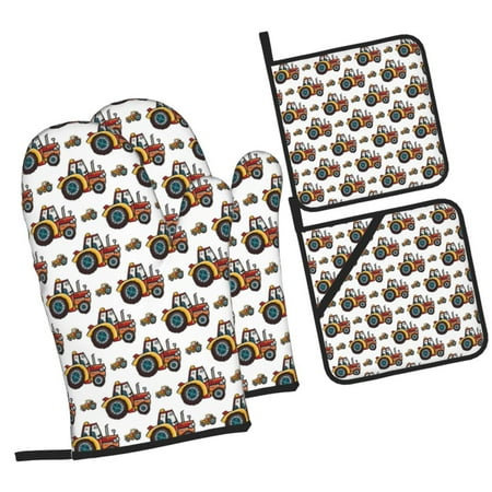 

Sikiie Cartoon Tractor Oven Mitts and Pot Holders Silicone Oven Gloves Heat Resistant Oven Mitts 4Pcs Set