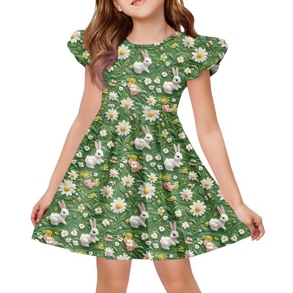 yuCgh Flutter Sleeve Easter Dress for Girls, A-Line T-Shirt Summer Party Dress, Princess Style Casual Easter Dress for Toddlers,Army Green 110