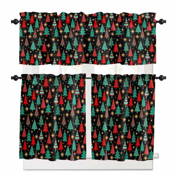 Christmas Tree Kitchen Curtains and Valances Set, Stripe Polka Dots Pine Trees Stars Modern Black Rod Pocket Window Valance Window Curtain Panels for Living Room Bedroom Laundry, 27.5x36in, 3 Pieces