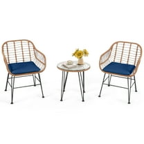 Patiojoy 3PCS Patio Rattan Furniture Set with Round Tempered Glass Top Table & 2 Rattan Armchairs Navy Cushions