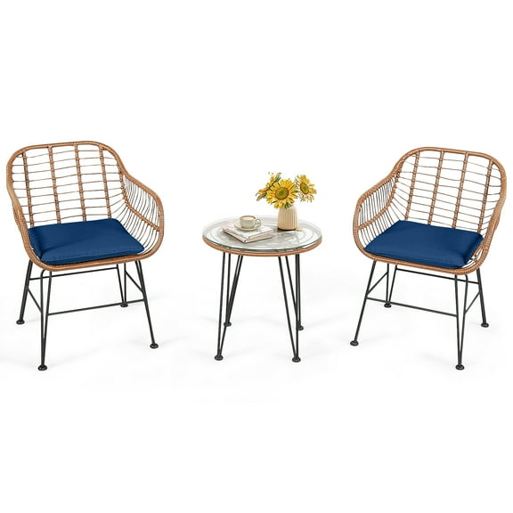 Patiojoy 3PCS Patio Rattan Furniture Set with Round Tempered Glass Top Table & 2 Rattan Armchairs Navy Cushions
