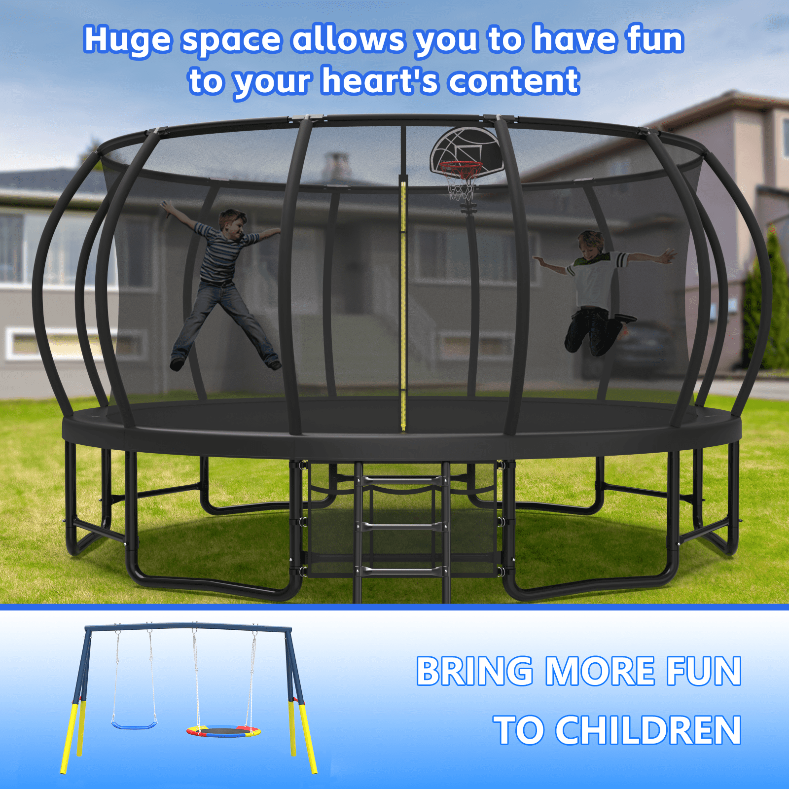 Mersco 16FT Heavy Duty  Outdoor Trampoline with Enclosure Net and Swing Set for Backyard,with Basketball Hoop, Kids Birthday and Festival Gifts,Black
